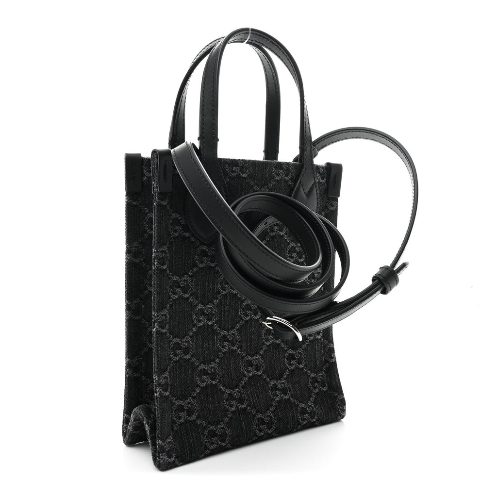 Denim Cuoio Harness GG Monogram Mini Ophidia Tote Bag Black Medium Grey